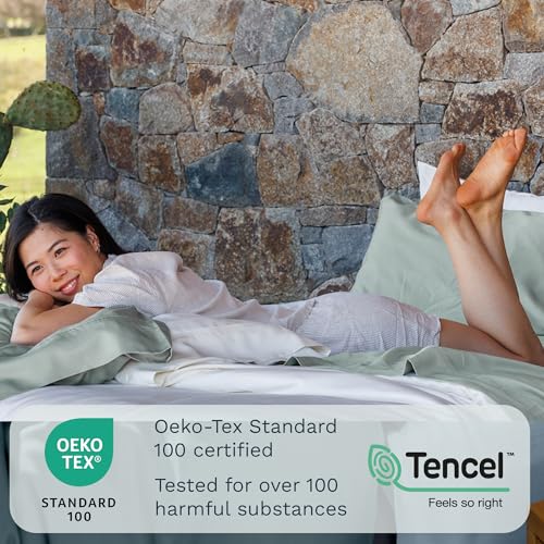 Image of Olive + Crate Tencel Lyocell Eucalyptus Queen Size Sheet Set - Cooling Tencel Sheets for Hot Sleepers with 18 Inch Deep Pocket Fit - Eucalyptus 4-Piece Set