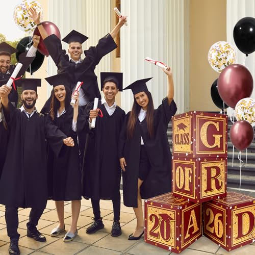 Image of Maroon and Gold Graduation Boxs Class of 2026 Graduation Party Decorations for Table Centerpieces Sets Balloon Boxes with inchGRAD inch and inchCLASS OF 2026 inch Letters Box