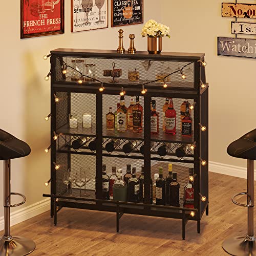 Rehoopex Home Bar, 4 Tier Industrial 51In Bar Cabinet, Farmhouse Liquor Cabinet With Footrest, Wood Bar Cabinet Wine Storage Shelf, Metal Buffet Cabinet For Home, Kitchen, Pub (Black) #TOP1