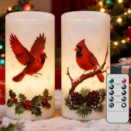 Image of Christmas Cardinal Flameless Pillar Candles with Remote Timer, LED Candles in Real Wax Holder, Battery Operated Candle for Christmas Decor Indoor Xmas Gifts(2 Pack, 3 inch x 6 inch)