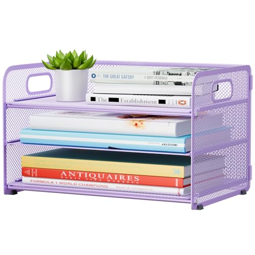 GDINDINFAN 3 Tier Paper Letter Tray Organizer for Desk, Mesh File Folder Document Organizer with Handle for Home Office Supplies Desktop Accessories, Purple