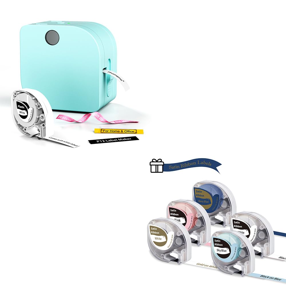 Phomemo P12 Etikettendrucker Set mit 5 Rollen Satinband - Bluetooth Beschriftungsgerät & 12mm Geschenkband (Schwarz/Blau/Rosa/Weiß), Tragbarer Label Printer für Geschenke, Hochzeit, Deko & Haushalt