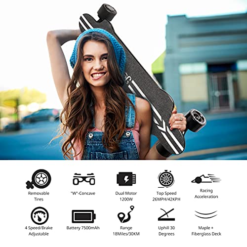 Teamgee H20 39" Electric Skateboard With Remote, 1200W Dual Motors, 18Miles Ranges, 26Mph Top Speed, 4 Speed Adjustment Longboards Skateboard Designed For Teens And Adults (7500Mah) #TOP1