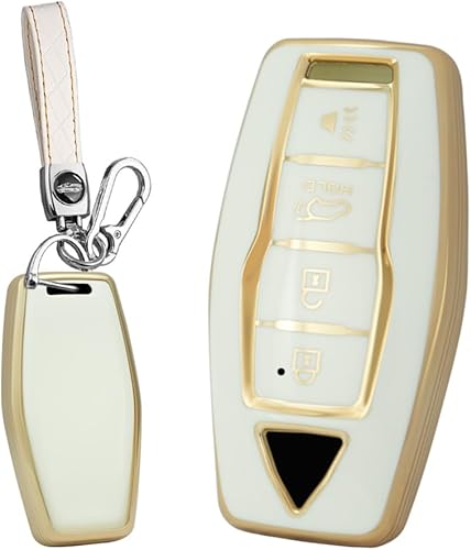 SANRILY Golden-Edge - Funda para llavero de 4 botones 2023 para Mitsubishi Outlander 2022 2021 sin llave con llavero de cuero, color beige