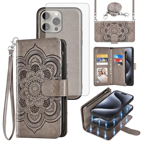 Coque iPhone 15 Pro antichoc avec vitre en verre trempé et portefeuille amovible