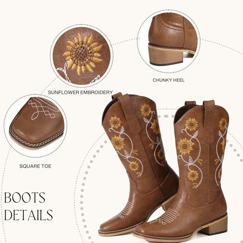 Cowboy Boots for Women - Mid Calf Western Sunflower Cowgirl Boots with Floral Embroidery, Square Toe Stitched Pull On Retro Design, Perfect for Country Idyll, Concerts and More4