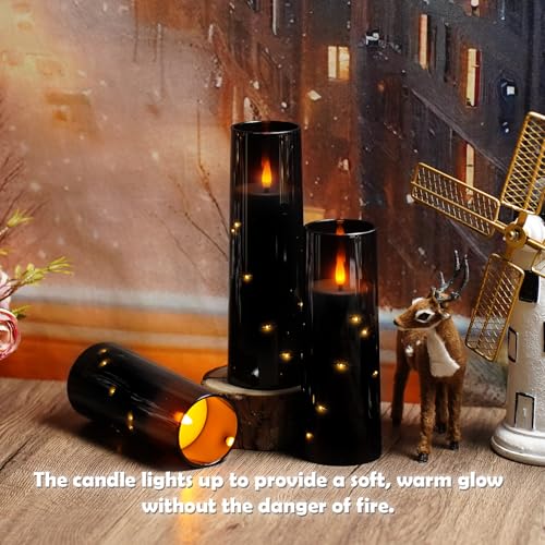 Image of kakoya Flameless LED Candles with Timer 5 Pc Flickering Flameless Candles for Romantic Ambiance and Home Decoration Stable Acrylic Shell,with Embedded Star String,Battery Operated Candles(Black)
