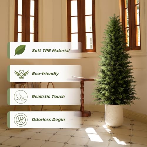 Image of 2 Pack 5ft Artificial Cedar Trees for Outdoors (UV Resistant), Potted Faux Cedar Topiary Plants for Front Porch, Realistic Evergreen Shrub for Entryway & Patio Decor