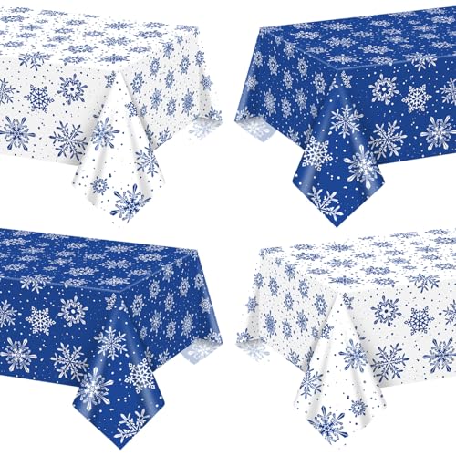 Paquete de 4 manteles de copos de nieve de invierno, mantel de copos de nieve de 220x130cm, decoraciones de fondo para cumpleaños de invierno en un país de las maravillas navideño, Azúl y Blanco