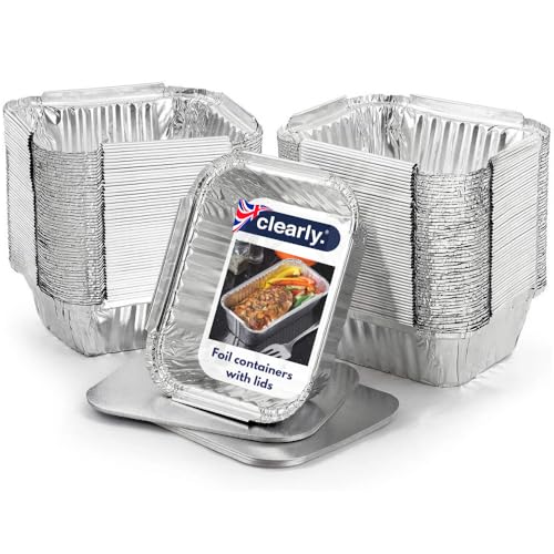 Clearly Set 50 Foil Trays with Lids Aluminium Disposable Reusable Foil Food Container Takeaway Containers Great for Baking Cooking Freezing Heating Storing BBQ (14.7x12.3x5cm)