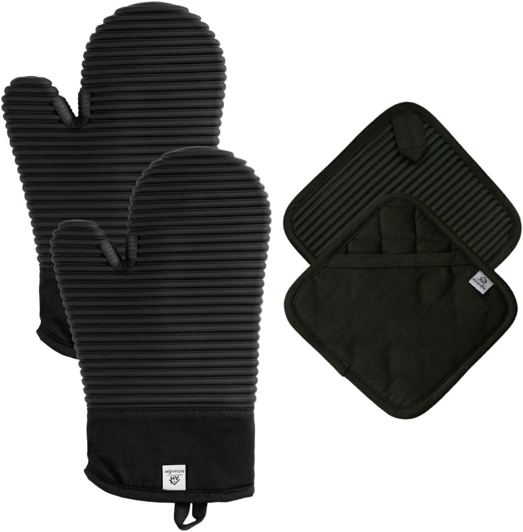 Extra Long Silicone Oven Mitts and Pot Holders Sets | Heat Resistant 500°F BPA-Free Food Grade Silicone Hot Pads & Kitchen Mittens | 4-Piece Set of Oven Gloves & Potholders for Kitchens.