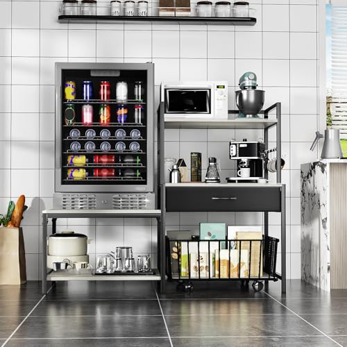 Saudism 3D Printer Stand with Storage Drawer and Rolling Filament Basket, Industrial Printer Table with Open Shelves and Hooks, Sturdy Metal Workstation for 3D Printing Tools and Accessories, Gray