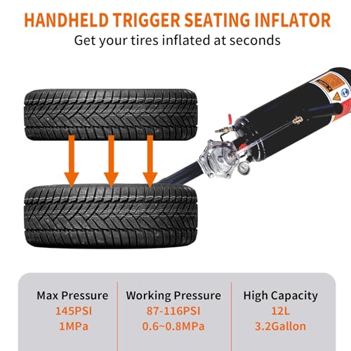 Image of Tire Bead Seater, 12L /3.2 Gallon Air Trigger Seating Inflator, 145 PSI Portable Tire Inflator Tool, 87-116 PSI Operating Pressure for Tractor Truck ATV Car and Automobile Repair
