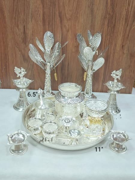 indiancraftsbykanika German Silver Big Pooja Combo with Banana Tree Set for Diwali/Housewarming