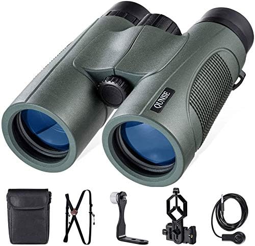QUNSE10x42 Binocular, BAK4 & FMC lightweight HD Waterproof Binoculars with Low Light Night Vision for Birding & Stargazing Come with Phone Adapter, Tripod Mount & Wire Shutter etc (Green)