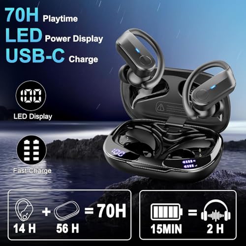 Image of Ordtop Sport Wireless Earbuds with Earhooks, 70H Playtime, IPX8 Waterproof