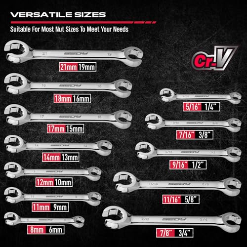 Image of SEDY 14-Piece Flare Nut Wrench Set with PTFE Tape, Metric & SAE Brake Line Wrench Offset 1 /4 inch-7 /8 inch& 9-21mm Set Double Open End with Organizer Pouch for Repairing and Removing Nuts