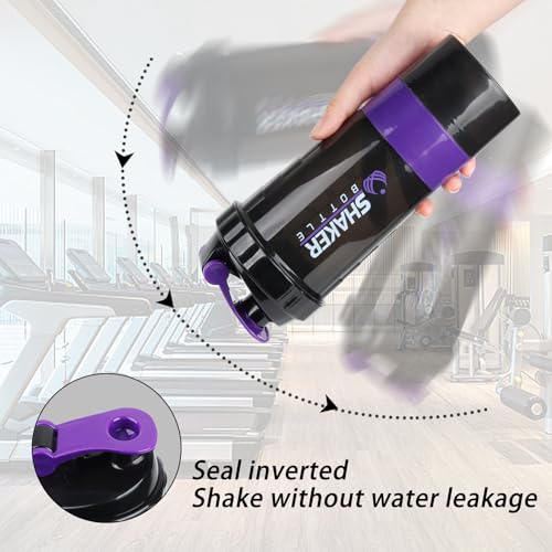 Image of Shaker Bottle,16oz Protein Shaker Bottles with Mixing Ball, 3 in 1 Leak-proof GYM Shake Cup with Powder Storage & Pill Tray, Ideal for Workout,BPA Free(Purple