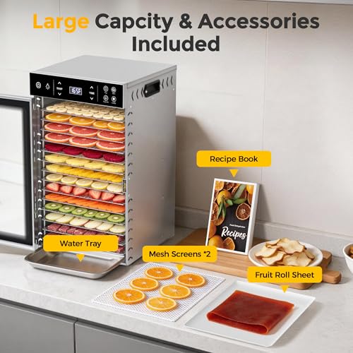 Image of Suteck 800W Food Dehydrator with 16 Trays for Jerky, Fruit, Veg, Meat | Stainless Steel, 4 Presets, Strong Dual Fans & 360 Airflow, 85F-195F, 48H Timer, Built-in Light, Quiet