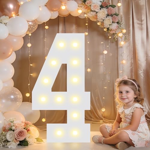Image of Pooqla 2.4FT Light Up Numbers, Marquee Numbers 2.4 Feet Tall Party Decor for Her Him, Mosaic Big Sign for 4th 14th 40th Birthday Anniversary Decoration Backdrop, Large Pre-Cut Frame Number 4