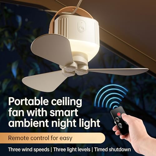 Ventilador de techo pequeño para acampar con luz LED y control remoto USB 4