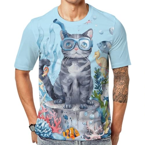 Sea Cat Diver Fish Unisex Adult T-Shirts Summer Short Sleeve Tee Casual Tops Funny Graphic S