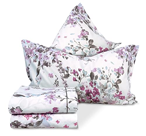 Confezioni Giuliana ® - Completo Lenzuola in FLANELLA Ofelia fiori lilla azzurri shabby 100% Cotone Made in Italy - Francese