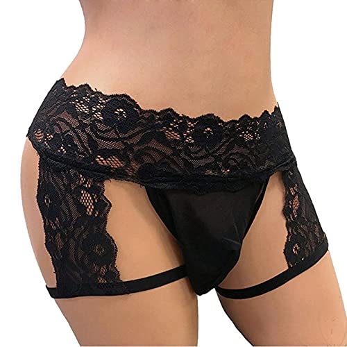 Kaytong Culottes pour Hommes Sexy Grande Taille Dentelle Respirante Creuse Lingerie Sexy Gay Sissy sous-vêtements érotiques Mode intimes String Tongs-Noir-1, M, 1pc Cover