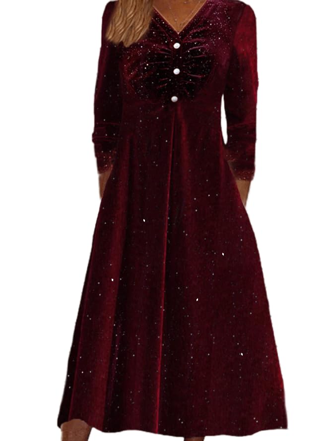 AkivideWomens Sexy Elegant Velvet Dresses Glitter Sequin Long Sleeve V Neck A-Line Velvet Midi Dress