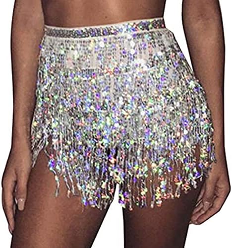 TWINKLEDE Boho Fringe Skirt Sequin Tassel Belly Dance Hip Scarf Rave Party Skirts Belts for Women and Girls (A Silver)