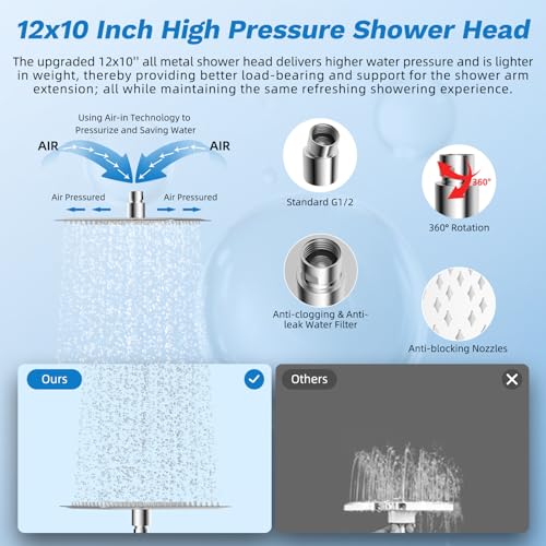 Image of Hibbent 12 inch Dual Filtered 10 inch Rainfall Shower Head with Handheld 10-Spray | High Pressure Metal Chrome Showerhead Combo with Filter, 4-way Diverter with Pause Mode, Extension Arm, 71'' Hose & Holder