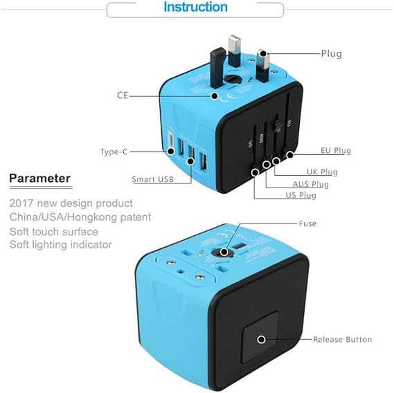International Travel Adapter, All in One Universal Power Adapter USA to Europe, Germany, England, Australia, China,150 Countries 3usb+Type C (Blue)
