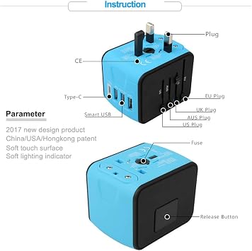 International Travel Adapter, All in One Universal Power Adapter USA to Europe, Germany, England, Australia, China,150 Countries 3usb+Type C (Blue)