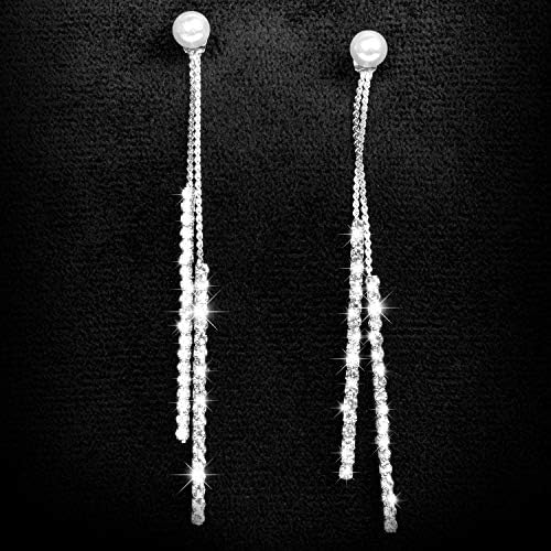 Fashion Long Tassel Crystal Pearl Two Ways Wear Cubic Zirconia Hypoallergenic & Nickel Free Stud Drop Dangle Earrings Jewelry for Girls Women
