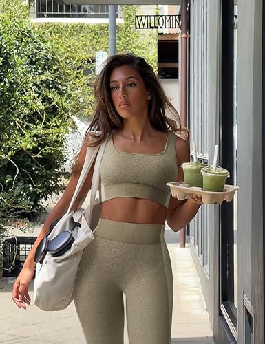 OLCHEE Womens Workout Sets 2 Piece Seamless Square Neck Sports Bra Padded Butt Lifting Leggings High Waist Yoga Gym Outfits - Image 3