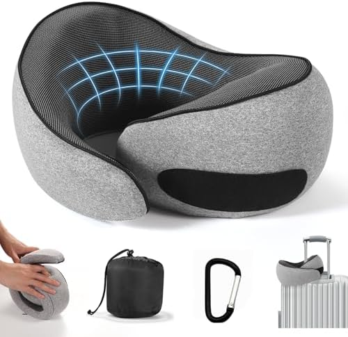 SZXYX Travel Pillows - 100% Pure Memory Foam Neck Pillow for Airplanes, Comfortable Breathable Cover, 360° Support Stowable Pillows for Sleeping, Car, Airport Travel Essentials Dark Gray