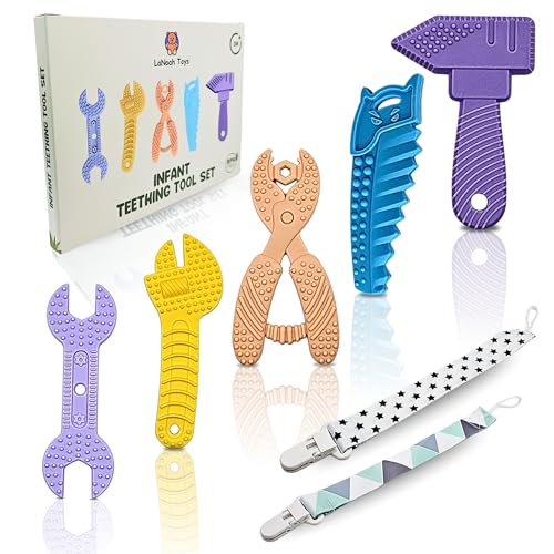 Image of LaNoah Toys Infant Teething Tools Set: Includes 2 Clips! Soft BPA Free Teething Toys, 5 Piece Construction Set, Baby Boy Essentials Einstein, Gift for Infant Toddler Boy Girl