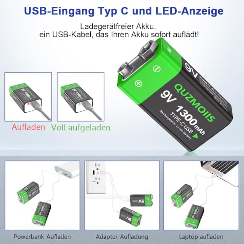 9V Wiederaufladbare Akku, 1300mAh Lithium-Ionen 9 Volt Block Batterien Schnellladung über USB-C ideal für Rauchmelder, Feuermelder, Multimeter (2 Stück)