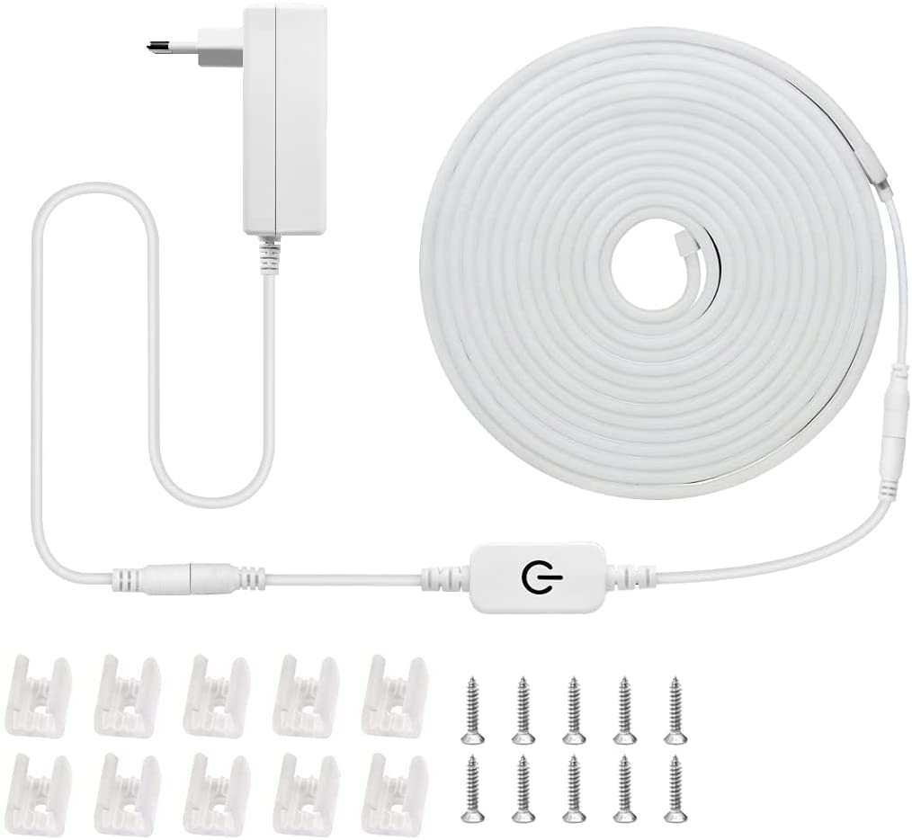 LED Strip mit Bewegungsmelder, 3500K Warmweiss LED Streifen Flexibler Neon LED Streifen für DIY Streifen Schrankbeleuchtung 12V Silikon Neon Streifen mit Netzteil und Controller ​für Schrank Trepp,5m