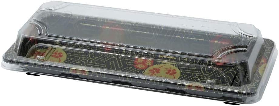 Small Black Sushi Trays with Lids 8.75 x 3.75 Inch - Disposable Sushi Packaging Box, Carry Out Container, Take Out Boxes, Black Plastic To Go Containers, Entrees, Appetizers or Desserts (50)