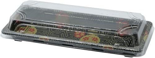 Bandejas pequeñas de sushi negras con tapas de 8.75 x 3.75 pulgadas, caja de embalaje desechable de sushi, contenedor de transporte, cajas para