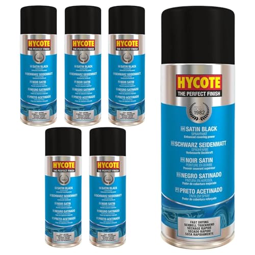 Hycote Black Spray Paint, Satin Black, 13.5 Oz (Pack of 6) – Smooth Low Sheen Acrylic Finish – UV Resistant – Ideal for Metal, Plastic, Automotive & Ceramic Surfaces, 400ml