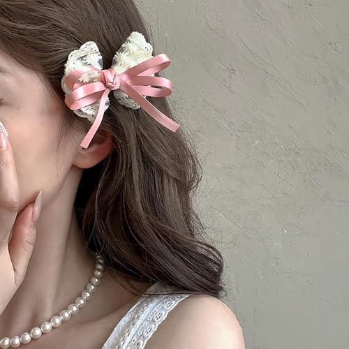 2 PCS White Lace Bow Hair Clips for Women Pink Bowkont Ribbon Small Hair Clip Summer Duck Billed Hairclips Decorative Barrettes for Women Thin Thick Hairs Duckbill Hairclip for Styling Accessories miniatura 6