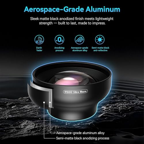 Upgraded Professional Macro Lens for Smartphone, HB100U Macro Photography Lens for iPhone, Aluminum Phone Camera Lens Kit with Universal Clip. Phone Lens Attachment Fit for iPhone, Android Phone.