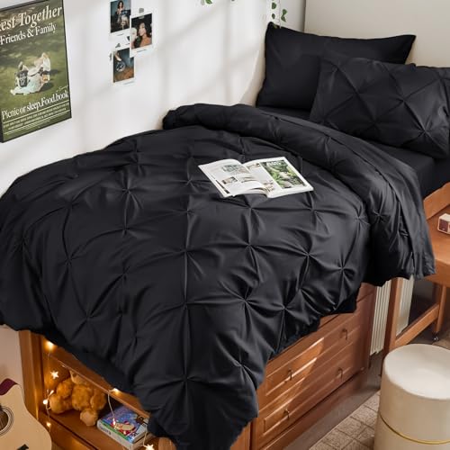 JOLLYVOGUE Twin XL Comforter Set 5 Pieces - Bed in a Bag Twin XL for All Season Pintuck Bedding Comforter Sets with Comforter Flat Sheet Fitted Sheet and Pillowcases & Shams Black