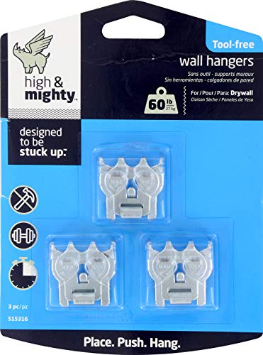 Image of HIGH & MIGHTY 515316 Picture Hanger Value Pack, Easy Tool-Free Dry Wall Art Hangers for Artwork, Photos, and Mirrors, Holds up to 60lbs, 3 Pack, Steel