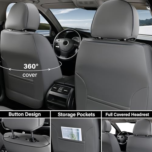 Image of Coverado Seat Covers, Car Seat Covers Front Seats, Waterproof Nappa Leather Auto Seat Cover with Lumbar Head Pillow, Gray Seat Covers Carseat Cover Universal Fit for Most Cars