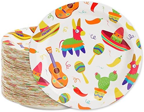 BLUE PANDA Mexican Fiesta Paper Plates - 80-Pack 9-Inch - Colorful Printed Design & Sturdy Disposable for Taco Party Plates