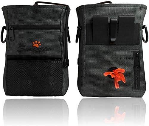 Dog Treat Pouch Bag with Poop Bag Holder & Collapsible Travel Food Storage Water Pet Bowl - FREE Doggie Clicker - Puppy Training Walking Bag with Built-In Poo Waste Bags Dispenser - Adjustable Belt