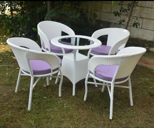 Image of India 4+1 Outdoor Indoor Patio Furniture Sets Rattan Chair Patio Set Conversation Set Bistro Set Chairs Balcony Rooftop Outdoor Garden Furniture Chair (White & Purple Cushion)